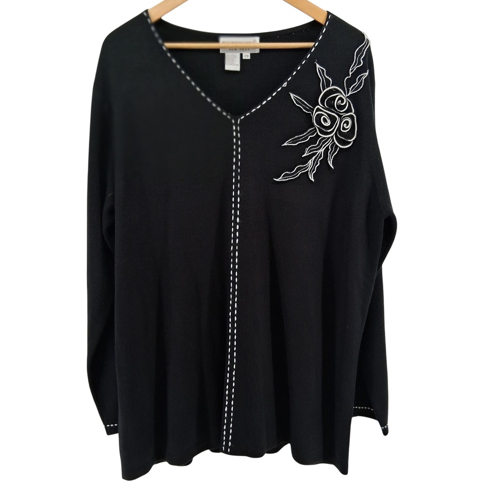 Vtg Brownstone Studio NY‎ 2X Black Sweater 3D Floral Appliqué Contrast Stitching